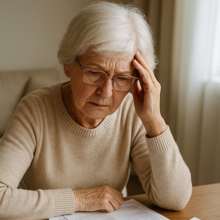 Seniorin mit Sorgen vor Unterlagen- Hilfe bei digitaler Überforderung im Alter durch Vertragsoptimierung, Formularservice und Haushaltsplan